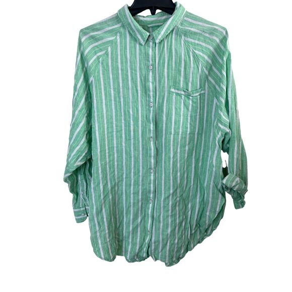 aerie Tops - Aerie green and white striped linen blend button-down cover-up shirt M K